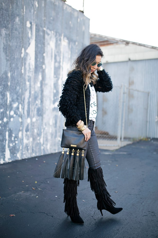 you go glen coco tee, how to wear fringe boots, zac posen tassel clutch, how to style a graphic tee