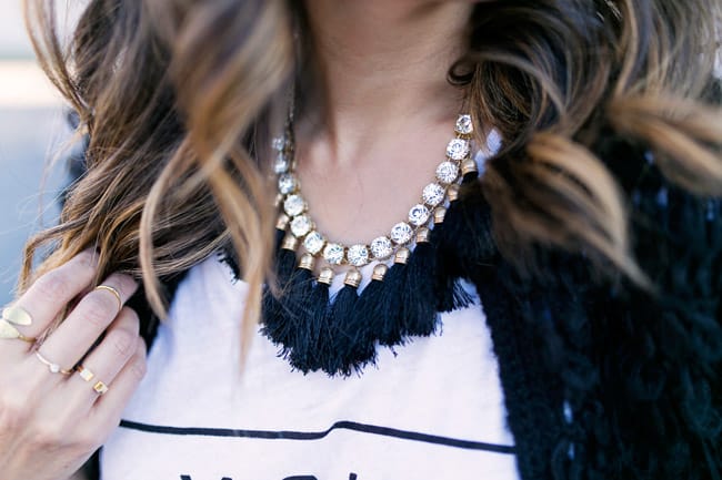 rhinestone fringe necklace, how to style a graphic tee