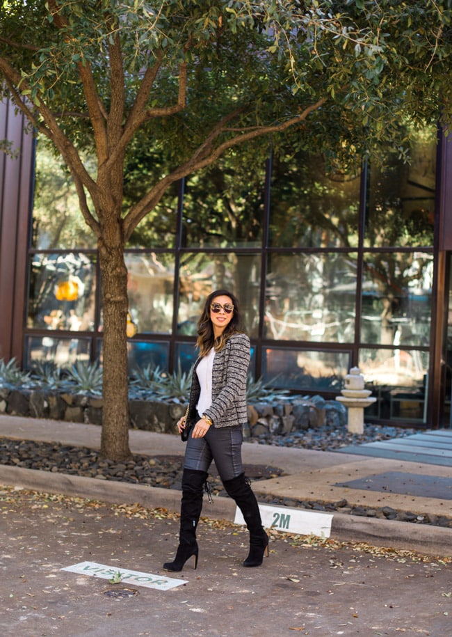 isabel marant etoile striped blazer, linen tee, sam edelman kayla otk boots, how to wear over the knee boots in your 30s