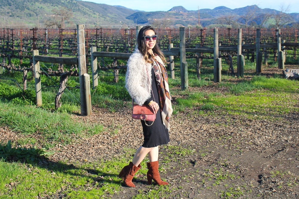 travel outfit napa valley in feb, iro kald jacket, dolce vita fringe booties, chloe faye bag in pink