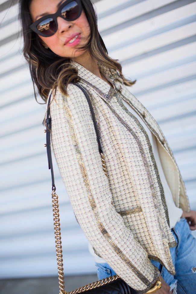 how to wear a chanel jacket with boyfriend jeans, quay kitty sunglasses