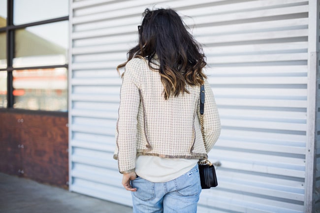 how to wear a chanel jacket with boyfriend jeans, ombre lob, chanel boy bag