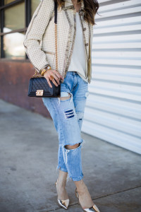 how to wear a chanel jacket with boyfriend jeans