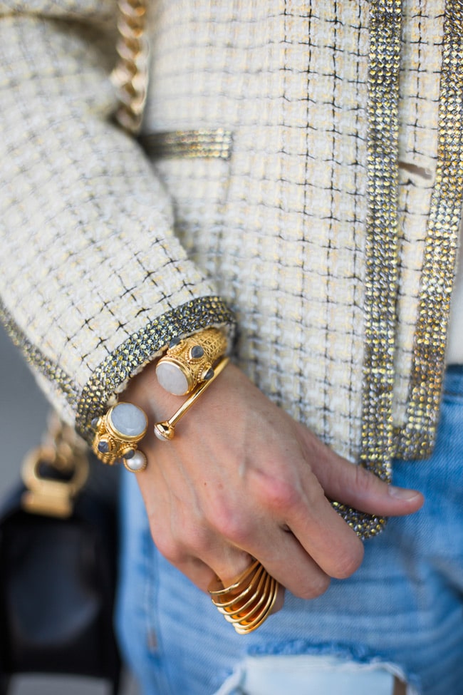 how to wear a chanel jacket with boyfriend jeans, julie vos baroque cuff and gigi bangle, vita fede futuro ring