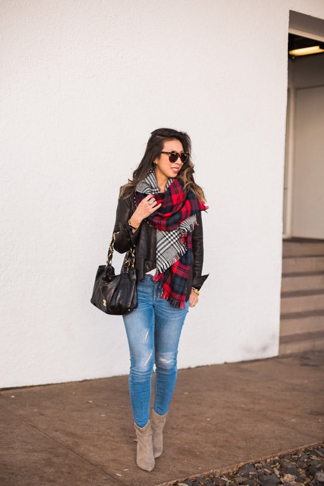 how to wear a blanket scarf, chic at every age, chanel olsen bag, target jeggings, isabel marant lance booties, helmut lang draped leather jacket
