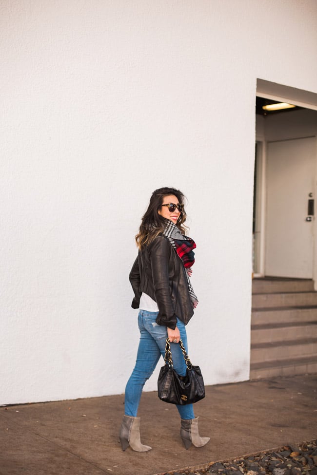 how to wear a blanket scarf, chic at every age, chanel olsen bag, target jeggings, isabel marant lance booties, helmut lang draped leather jacket