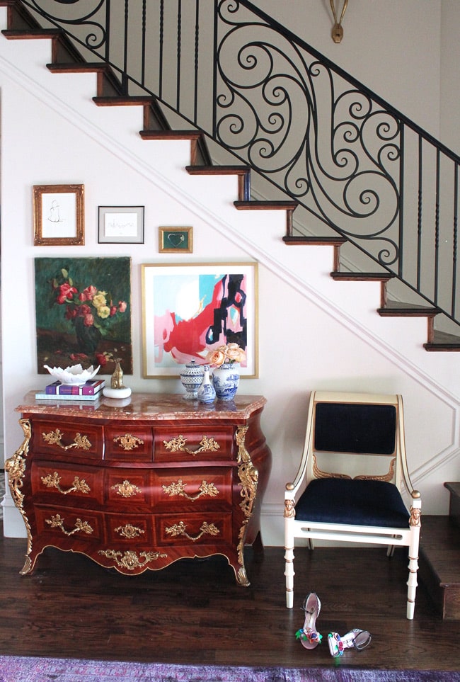 entryway makeover, french bombe chest of drawers, vintage oil painting, opus print by katie craig, chinoiserie vases, modern eclectic decor, traditional home