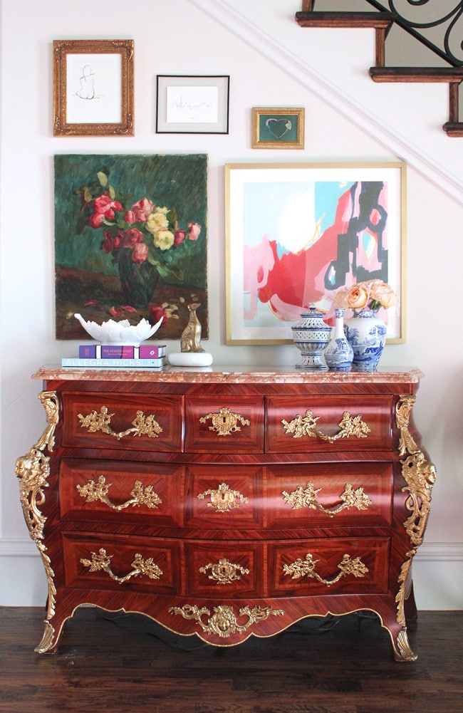 entryway makeover, french bombe chest of drawers, vintage oil painting, opus print by katie craig, chinoiserie vases, modern eclectic decor, traditional home