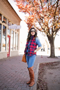 style of sam in jcrew buffalo check excursion vest timberland over the knee boots