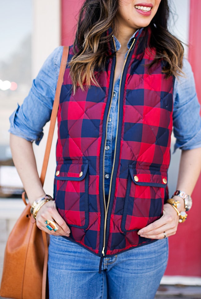 jcrew buffalo check excursion vest, over the knee boots, casual winter ootd, mansur gavriel bucket bag