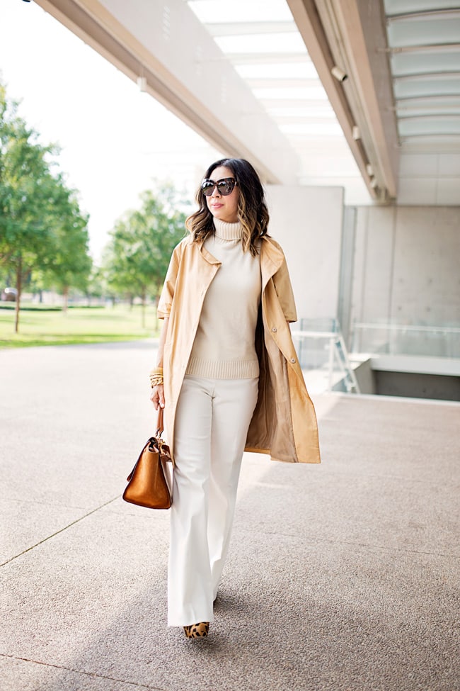 miu miu tan long leather jacket, cream turtleneck and pant, how to wear a long leather jacket