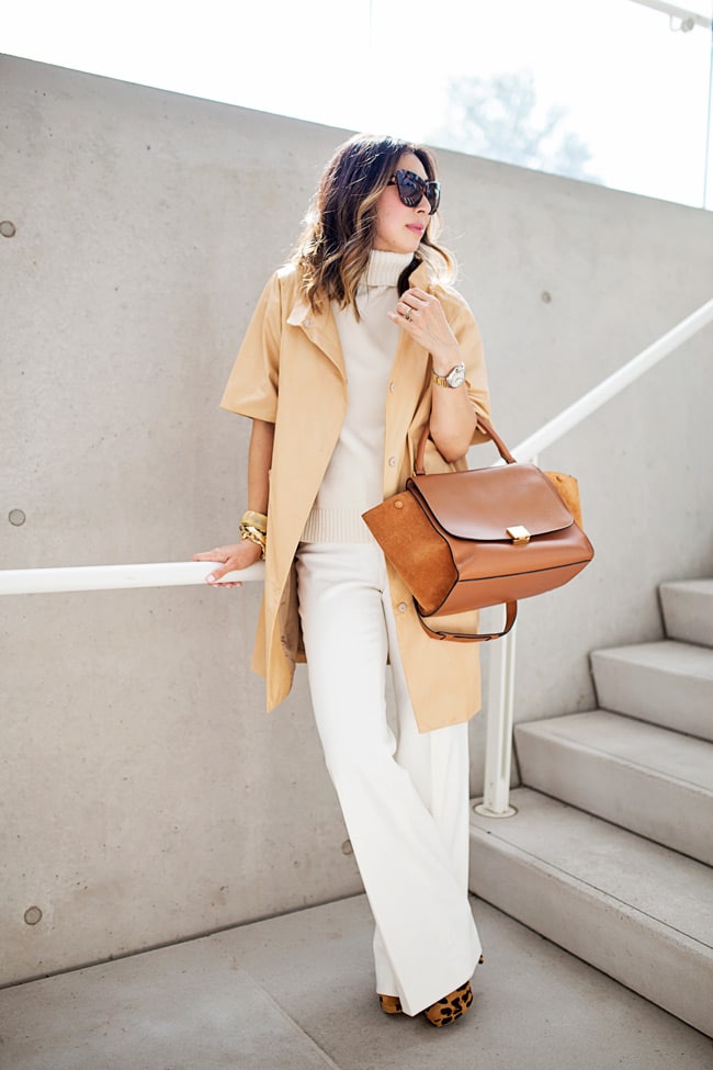 how to wear winter white and tan, miu miu long leather jacket
