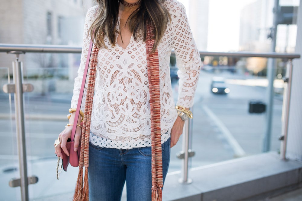 chic at every age, style at any age, how to wear a lace top, skinny scarf, chloe faye bag
