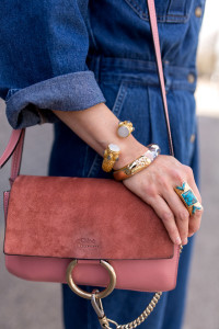 Wishing Well Intention Acacia Ring, rose pink chloe faye bag, julie vos baroque cuff, alexis bittar lucite bracelet