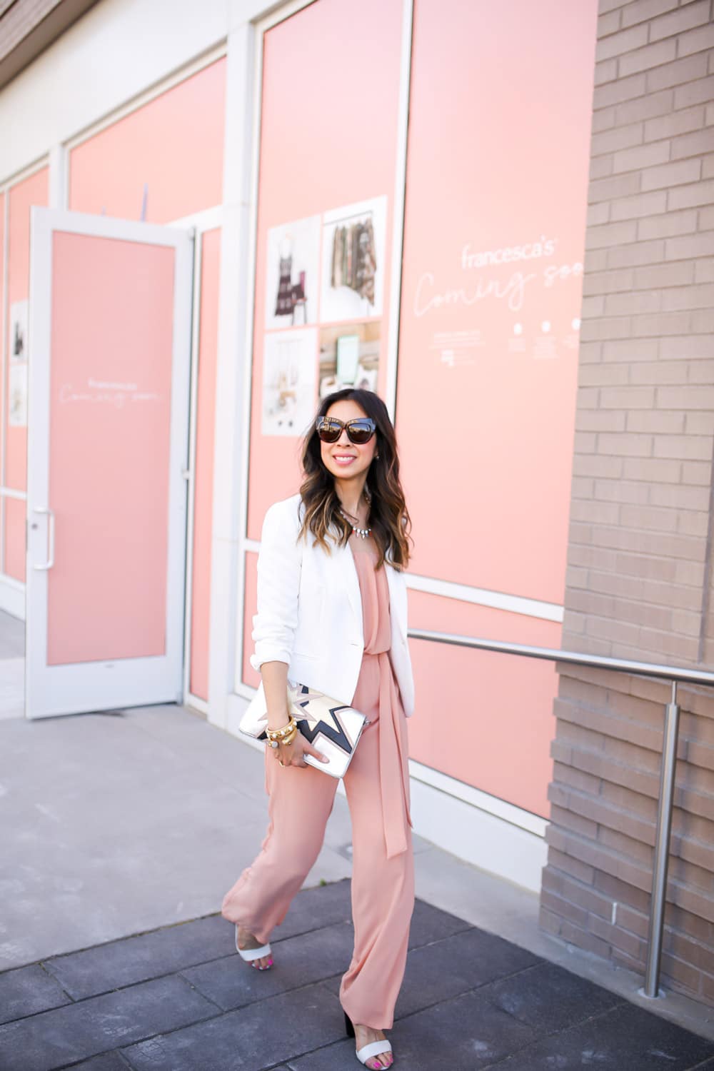 jcrew white blazer, pink jumsuit, miu miu star clutch, HOH chelsea sunglasses, style at any age