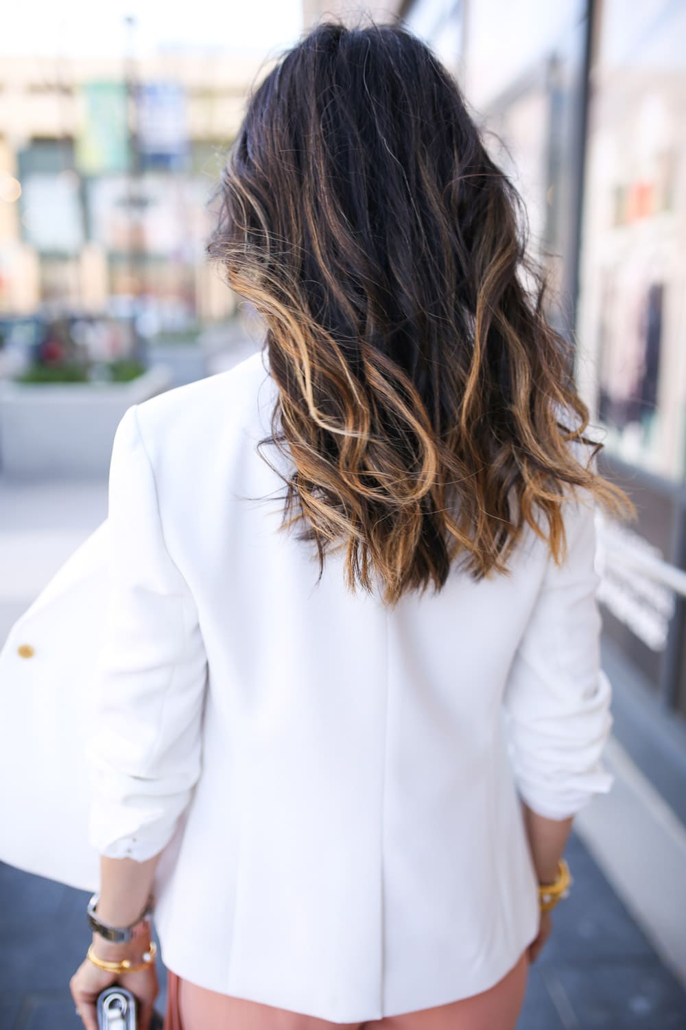 jcrew white blazer, ombre hair, aveda , style at any age