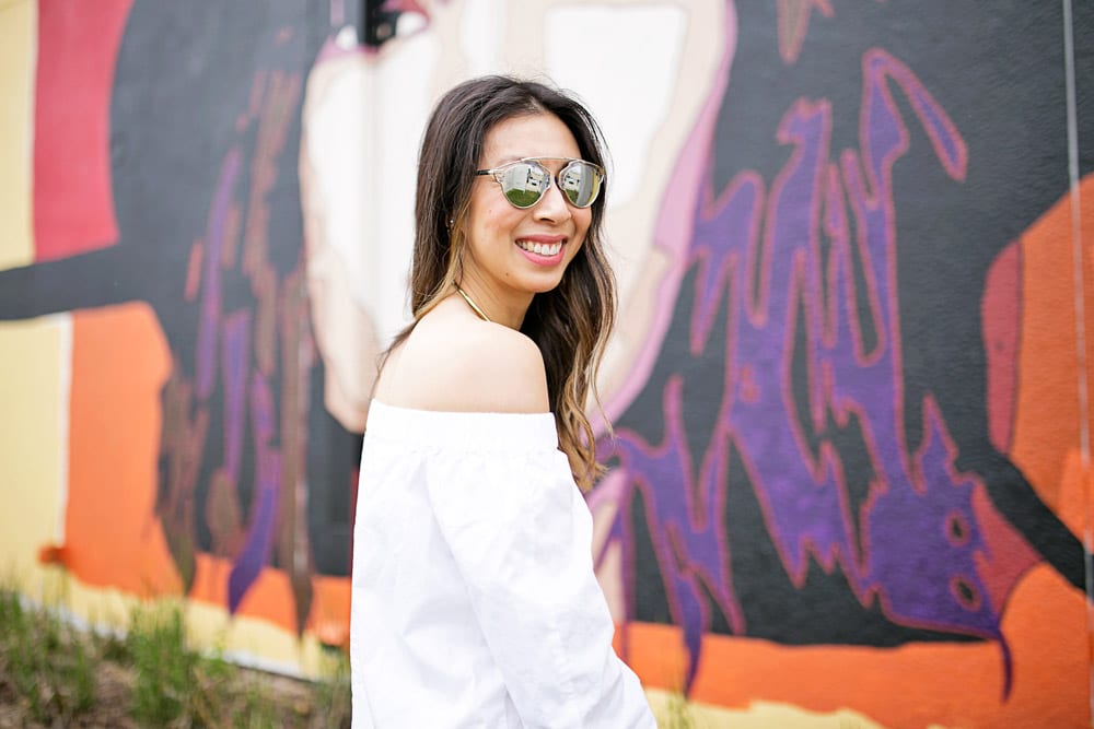 white off the shoulder top, dream on dreamer walls of fort worth, dior so real dupe sunglasses