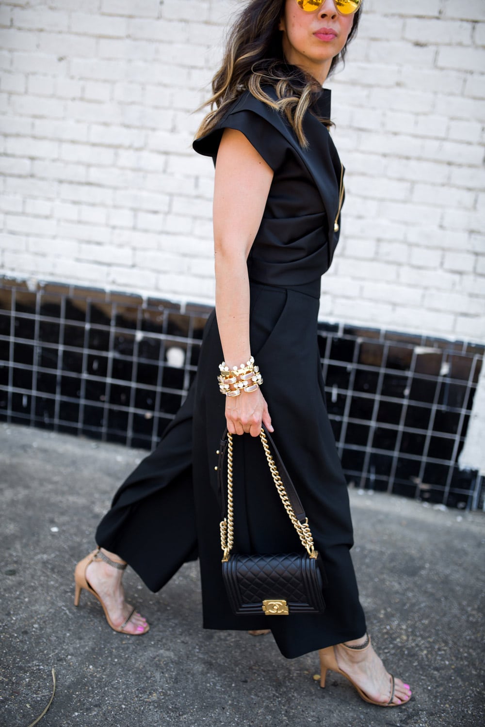 minimal and black outfit, chanel boy bag