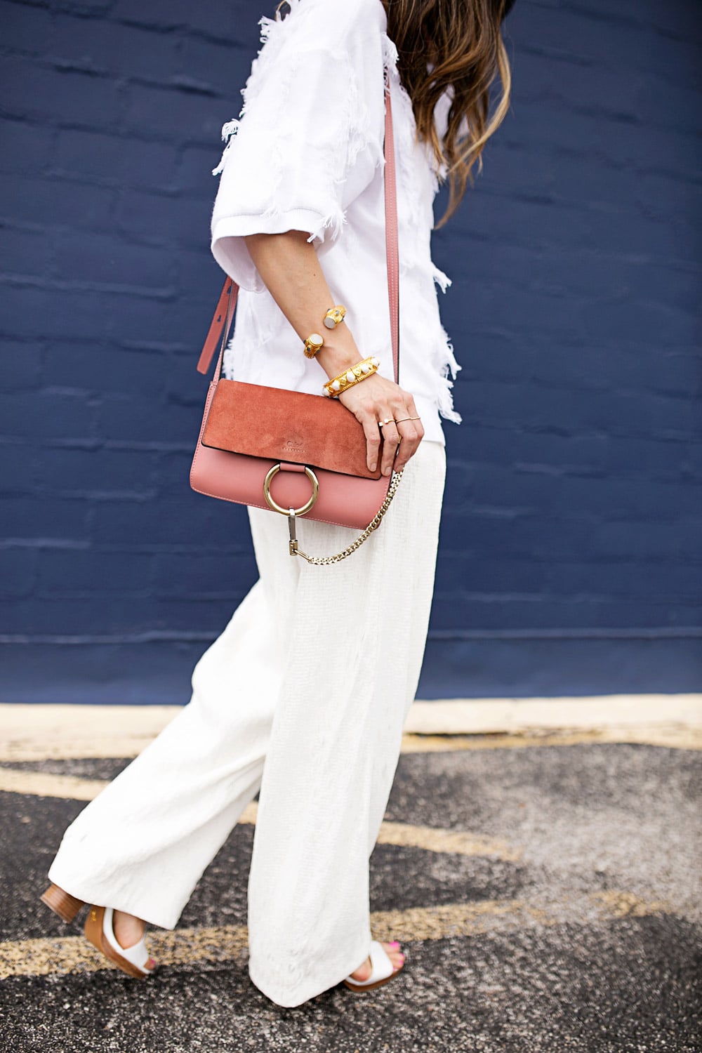 rose pink chloe faye bag, all white outfit