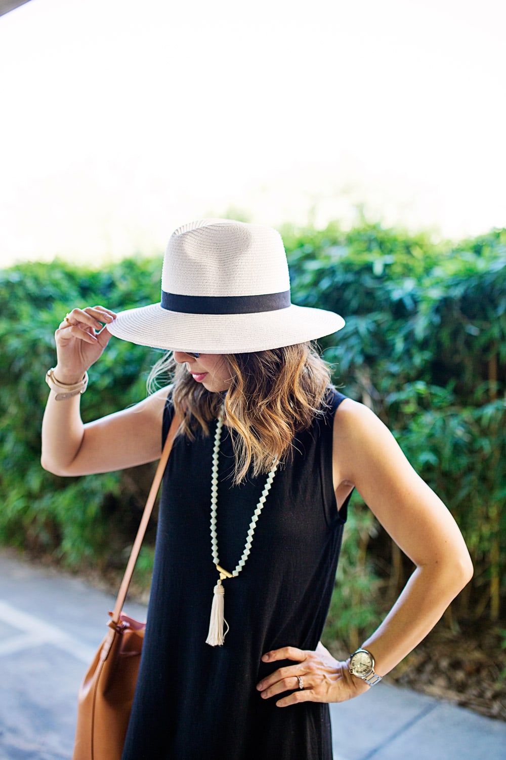 panama hat and tassel necklace summer outfit