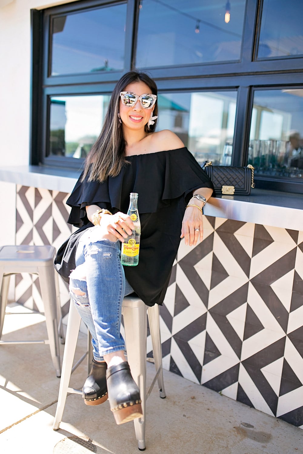 off the shoulder dress and ripped jeans at taco heads in fort worth
