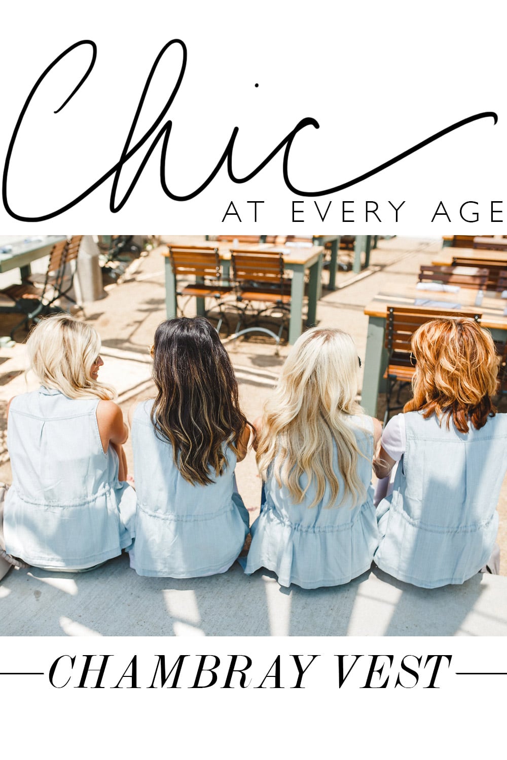 chic at every age, blonde brunette redhead in chambray vest