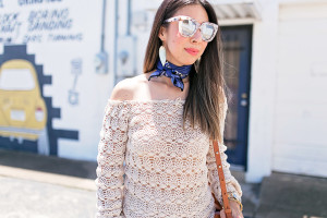 crochet off the shoulder top, how to wear a neck scarf, quay marble sunglasses