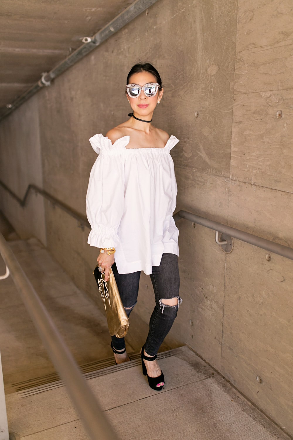 off the shoulder balloon sleeve top, black skinny choker, quay sugar and spice sunglasses