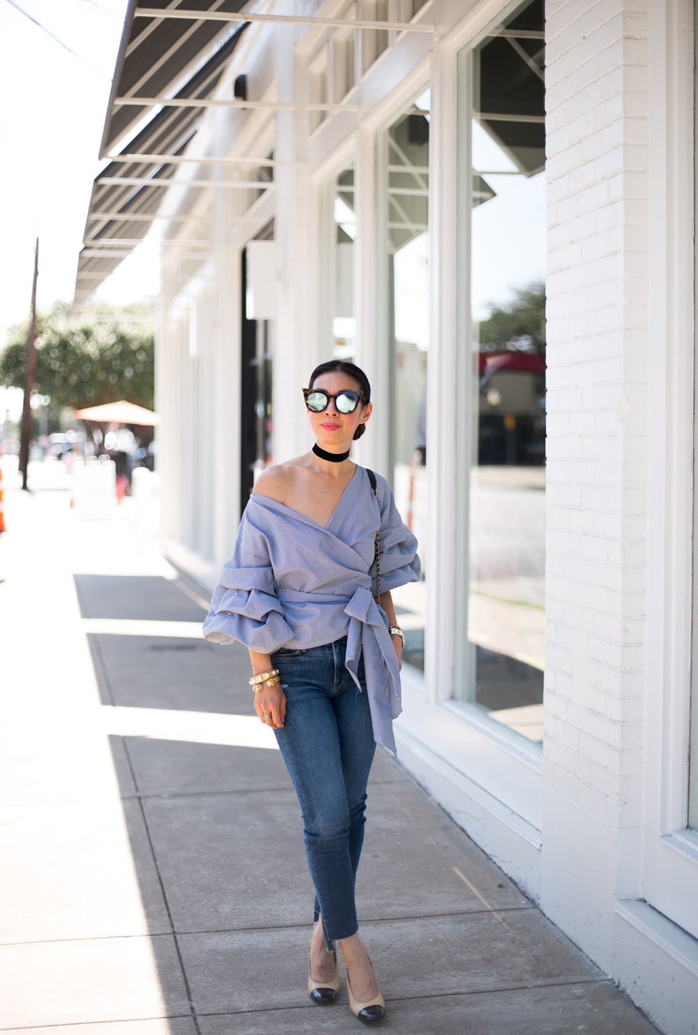 puff sleeve wrap top, le specs flashy, how to wear a choker