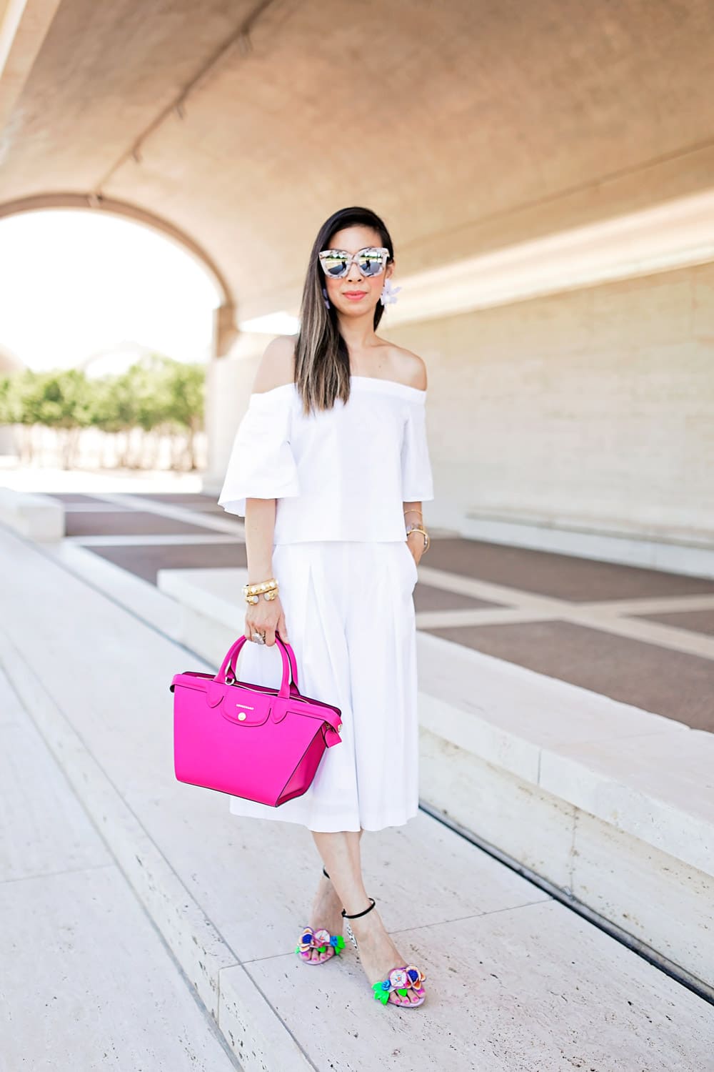 all white outfit, pink longchamp le pliage heritage, sophia webster lilico floral sandals