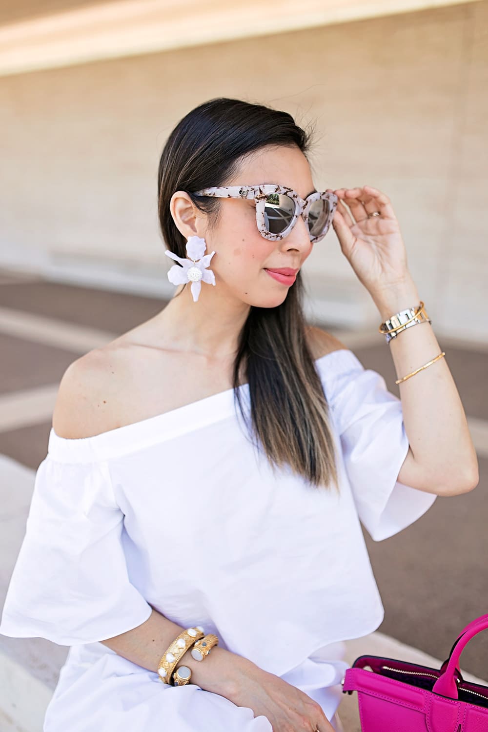 tibi white off the shoulder top, quay sugar and spice, lele sadoughi crystal lily flower earrings