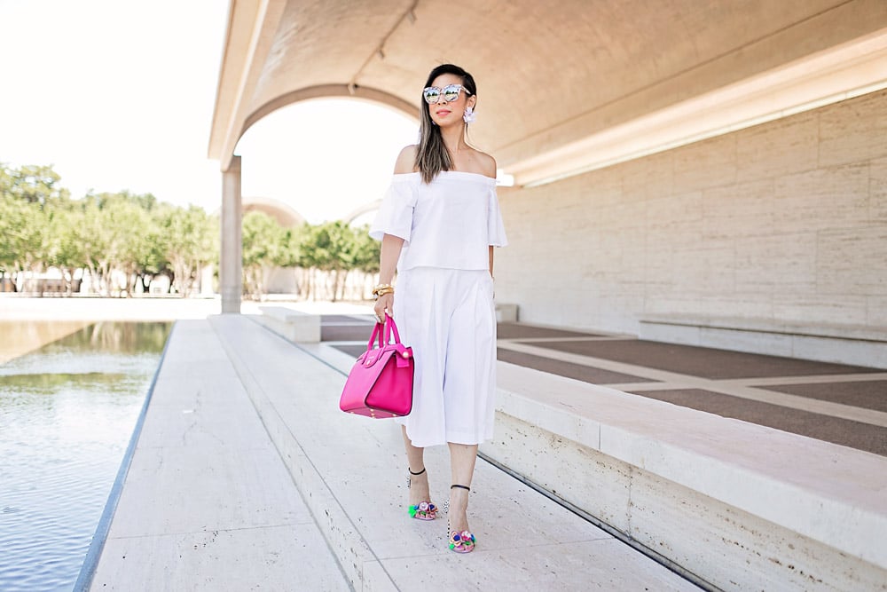 all white outfit, pink longchamp le pliage heritage, sophia webster lilico floral sandals