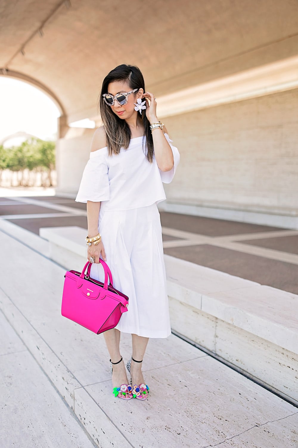 tibi white off the shoulder top, how to wear culottes