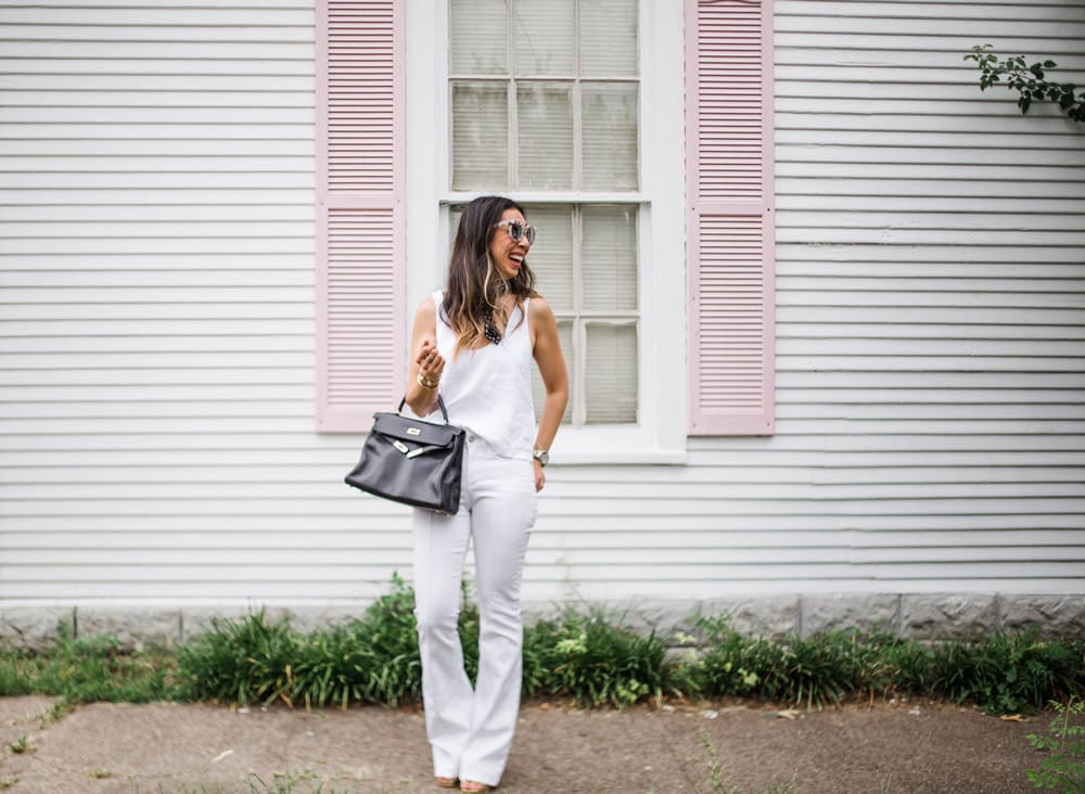 all white outfit, neck scarf trend, vintage black hermes kelly