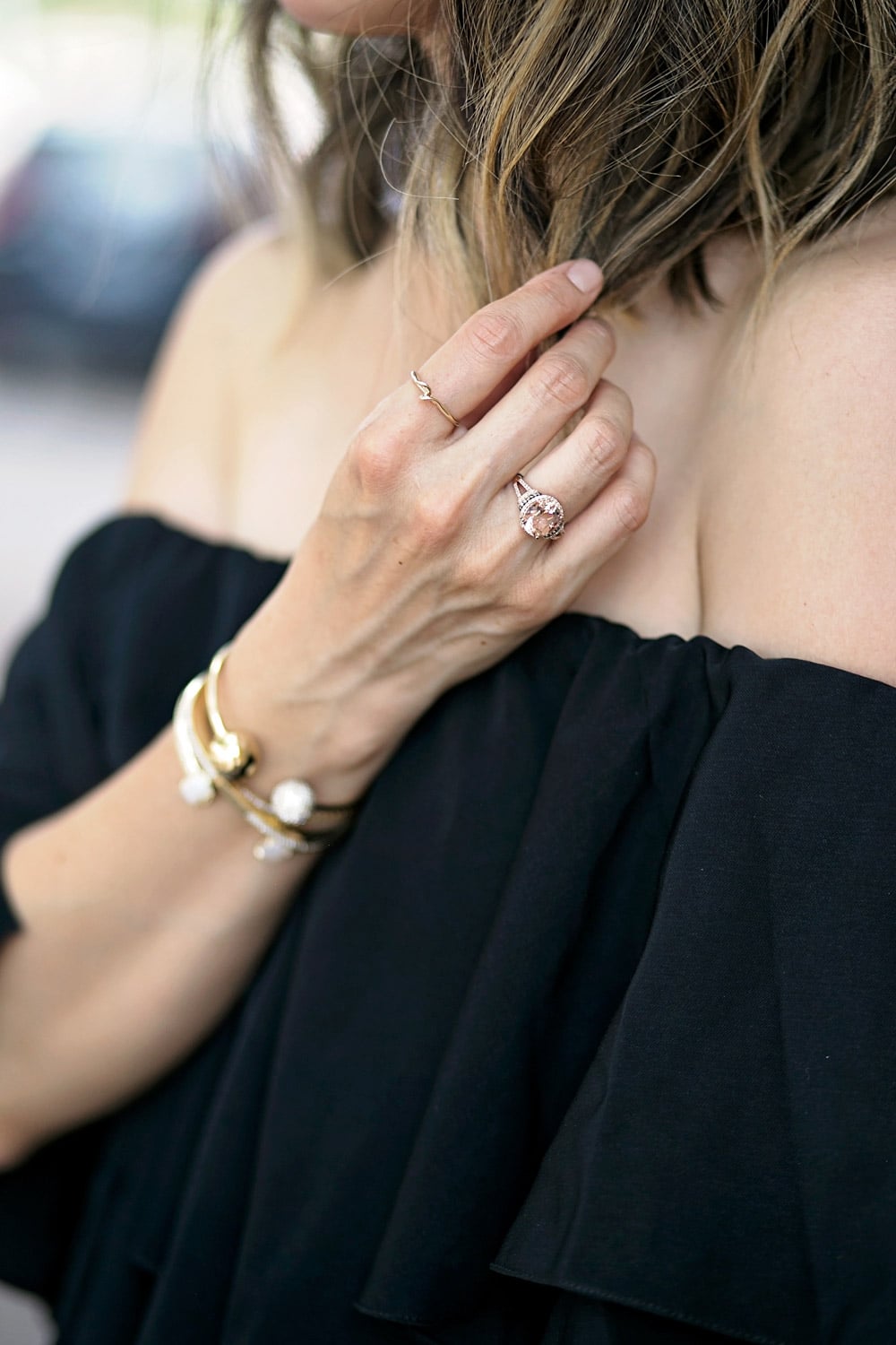 date night mlm off the shoulder dress, effy jewelry morganite rose gold ring