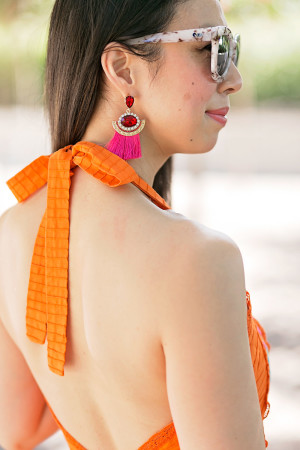 pink tassel and rhinestone earrings