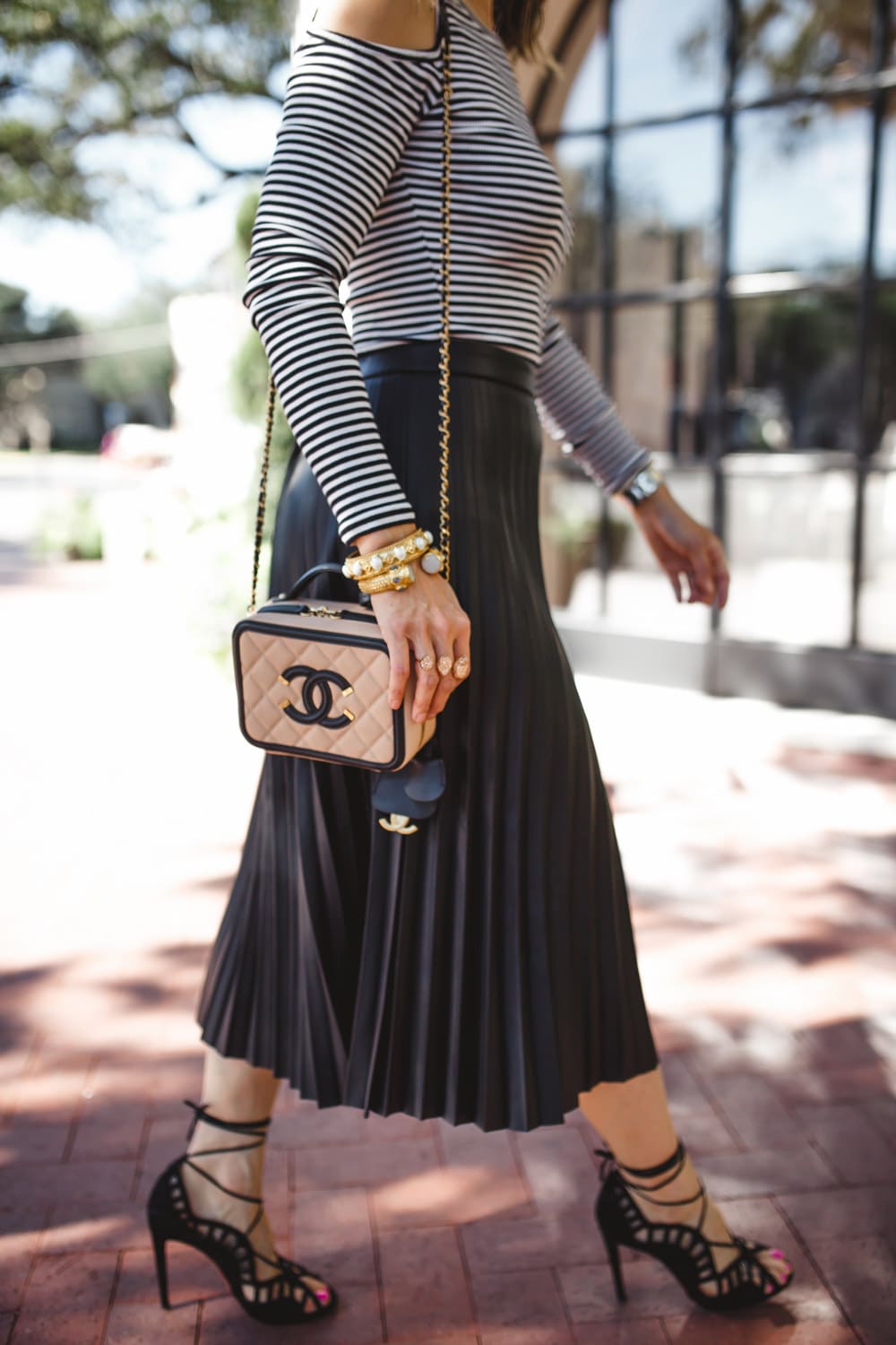 chanel vanity bag 2016, pleated leather midi skirt, striped cold shoulder top