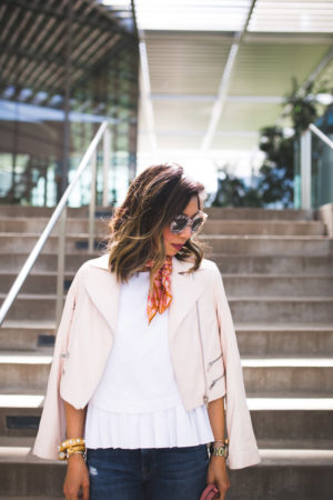 quay sugar and spice sunglasses, cuyana pleated top, rag and bone pink moto jacket