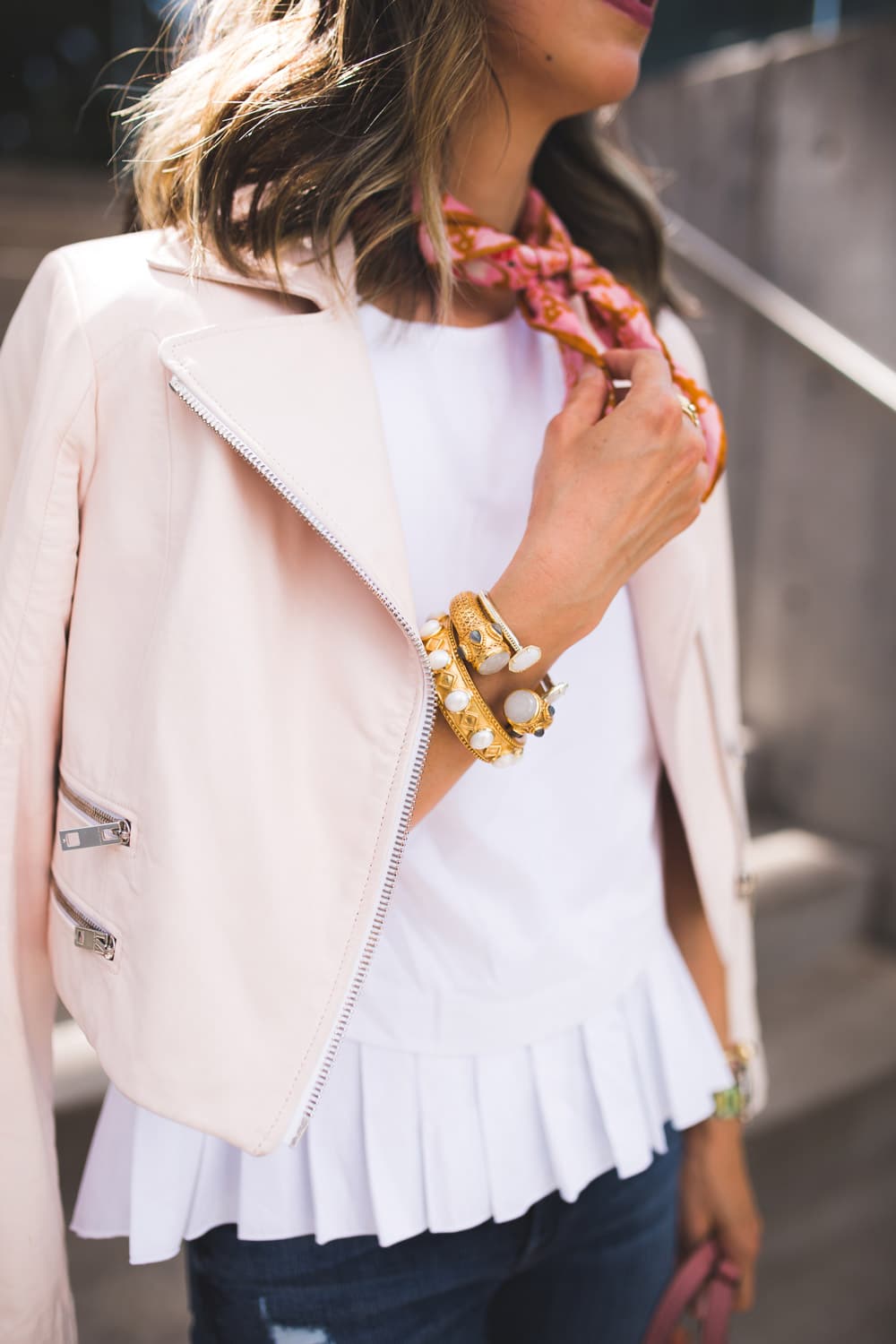 julie vos baroque cuff, cuyana pleated top, rag and bone pink moto jacket