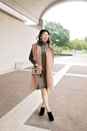 dolce and gabbana leopard print dress and camel vest, chanel filigree vanity bag