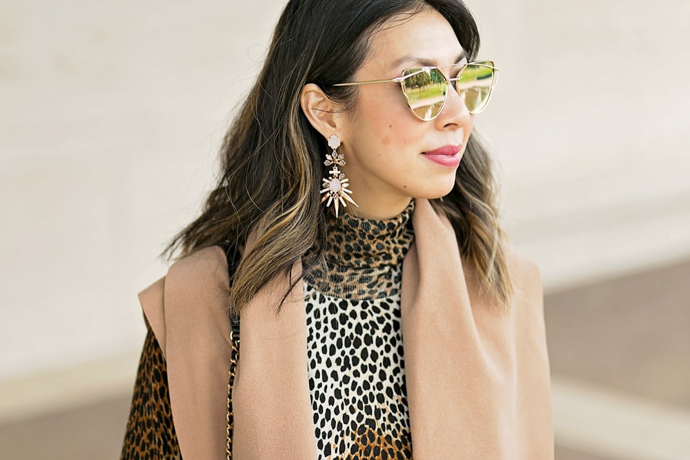 kendra scott isadora earrings, dolce and gabbana leopard print dress and camel vest
