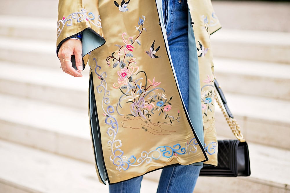 gold embroidered asian robe with levi's mom jeans