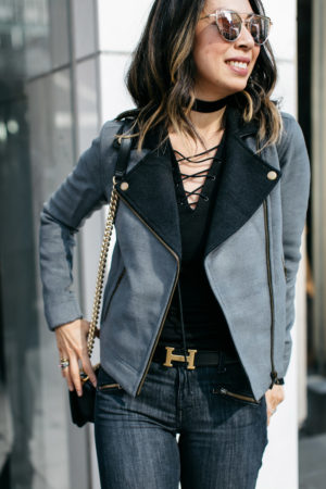 lilla p moto jacket with lace up tee and hermes belt