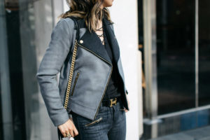 lilla p moto jacket with lace up tee and hermes belt, current elliot soho zip jeans