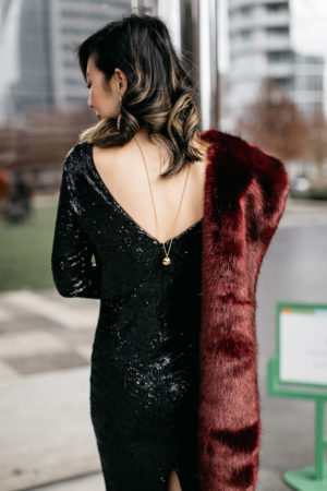 black sequin dress with burgundy fur stole and lele sadoughi keepsake collar choker necklace