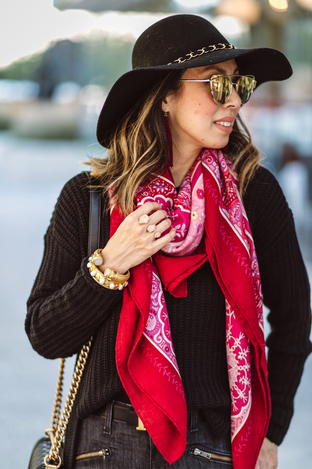 marciano floppy hat with pink and red hermes shawl, julie vos baroque bracelet