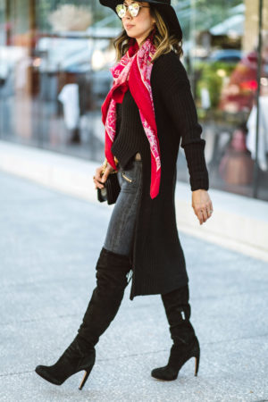 black high low sweater with sam edelman otk boots, current elliot zoho zip jeans, pink and red hermes shawl