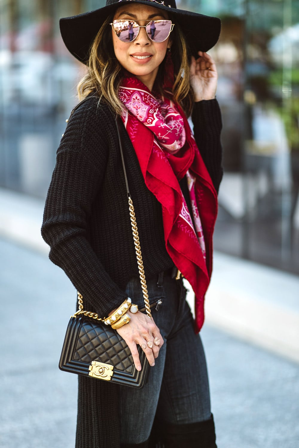 marciano floppy hat with pink and red hermes shawl, chanel boy bag mini