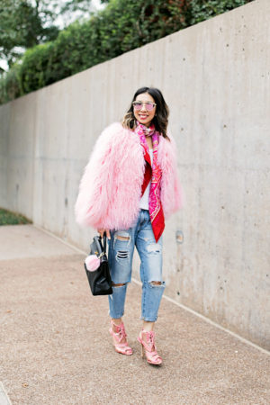 charlotte simone pink fur jacket with ripped boyfriend jeans, black hermes kelly and oscar de la renta pink oxford heels