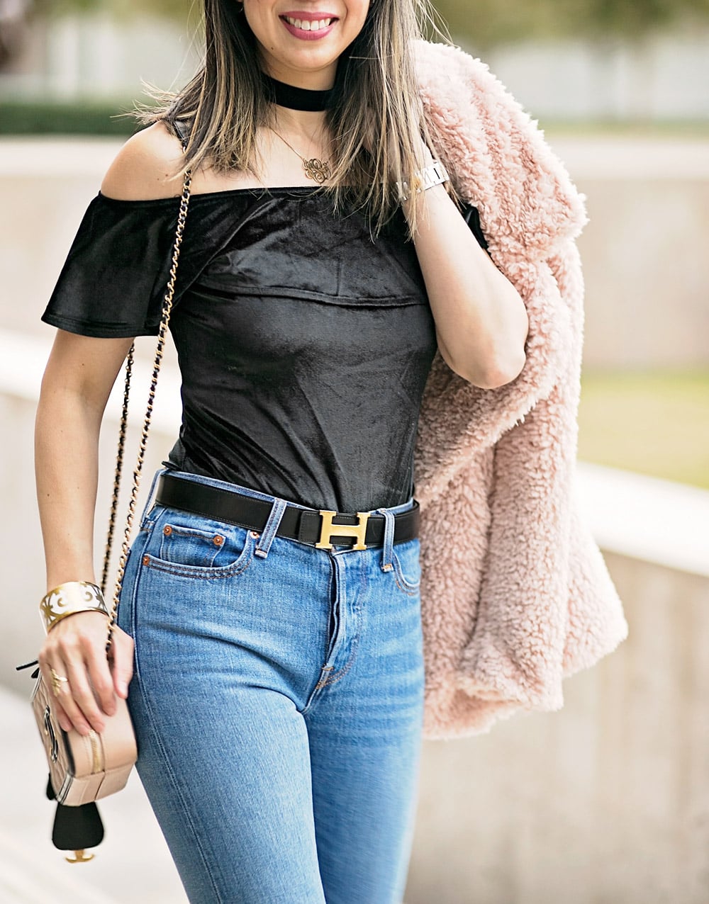 tularosa pink fur coat, velvet off the shoulder top with high waisted jeans and chanel slingbacks